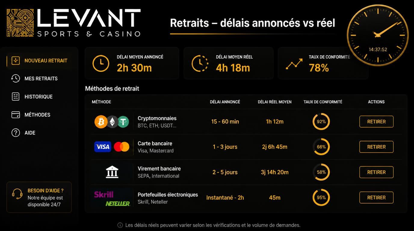 Montant du retrait et délais selon la méthode